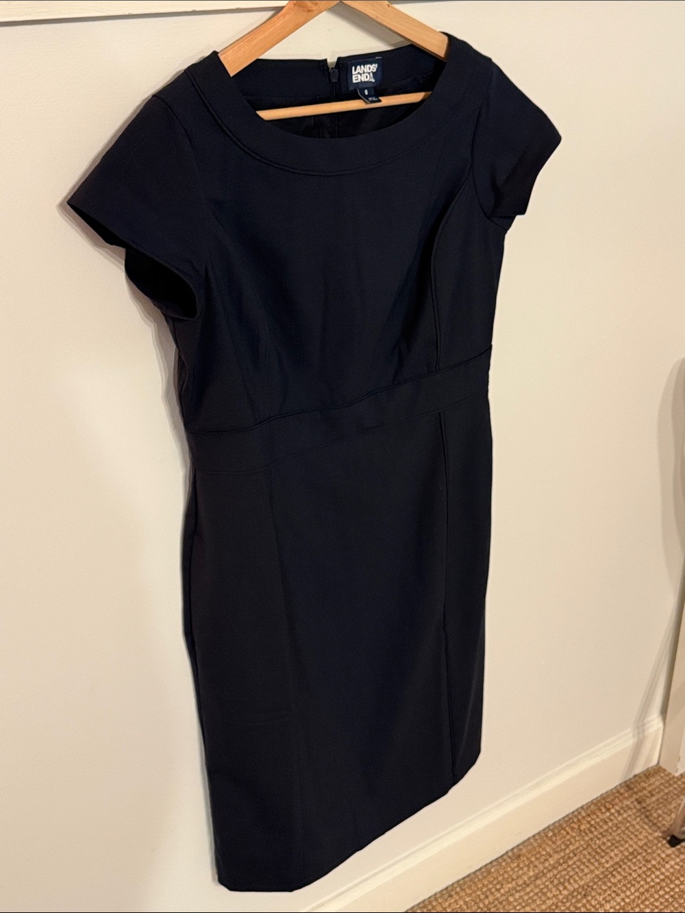 Lands’ End Navy Wool Blend Sheath Dress Washable Wool Stretch Workwear Size 8
